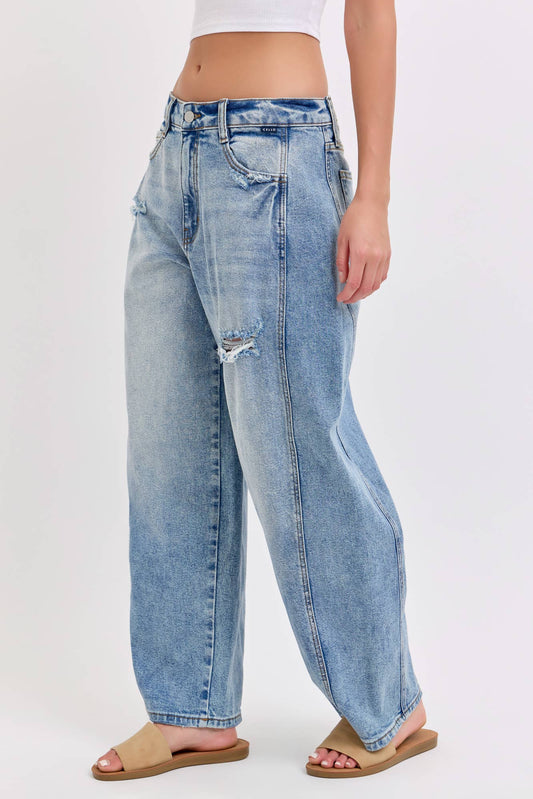 Mid-Waisted Barrel Jeans with Side Panels